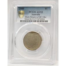 AUSTRALIA 2000 . ONE 1 DOLLAR COIN . ERROR . MULE . STRUCK ON TEN CENT